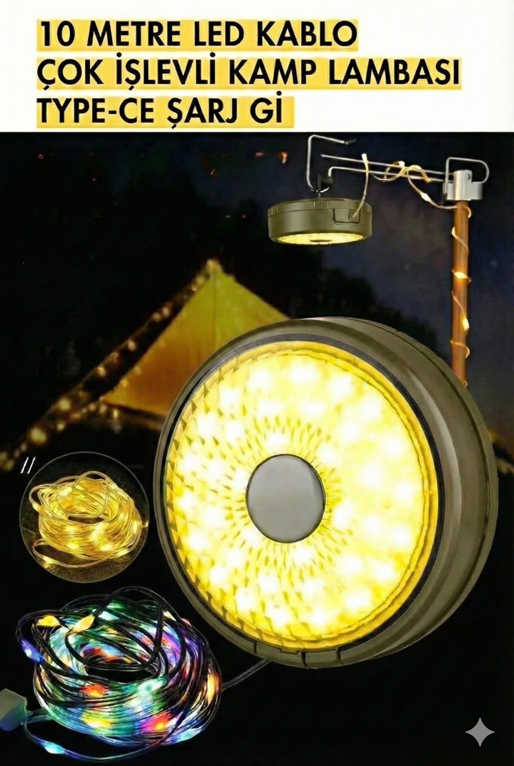 Şarjlı 10 Metre Ledli Şarj Göstergeli 8 Işık Modlu Hareketli Ve Flaşör Modlu Kamp Lambası Led Işık